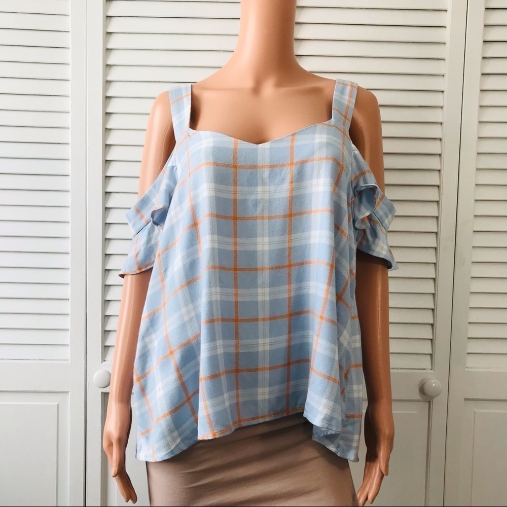SANCTUARY Blue Orange Plaid Off The Shoulder Shirt Size Large